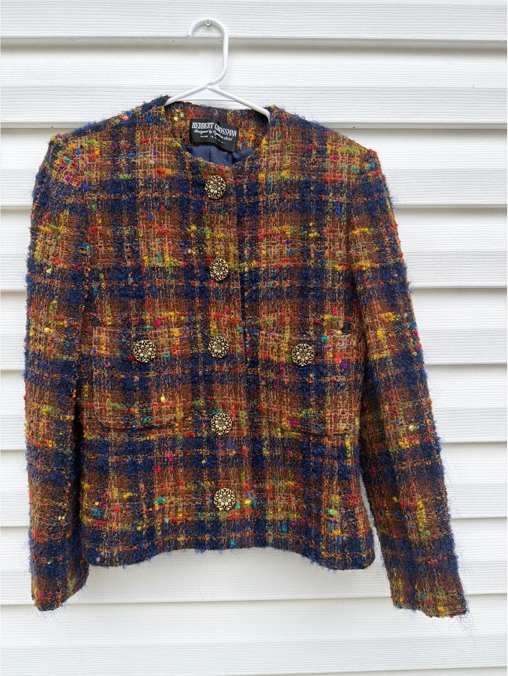 Vintage Herbert Grossman Women’s Size 6 Multicolor Tweed Plaid Blazer Made USA
